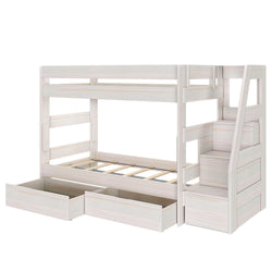 White wooden bunk bed with integrated staircase and two large under-bed storage drawers, modern space-saving kids' bedroom furniture