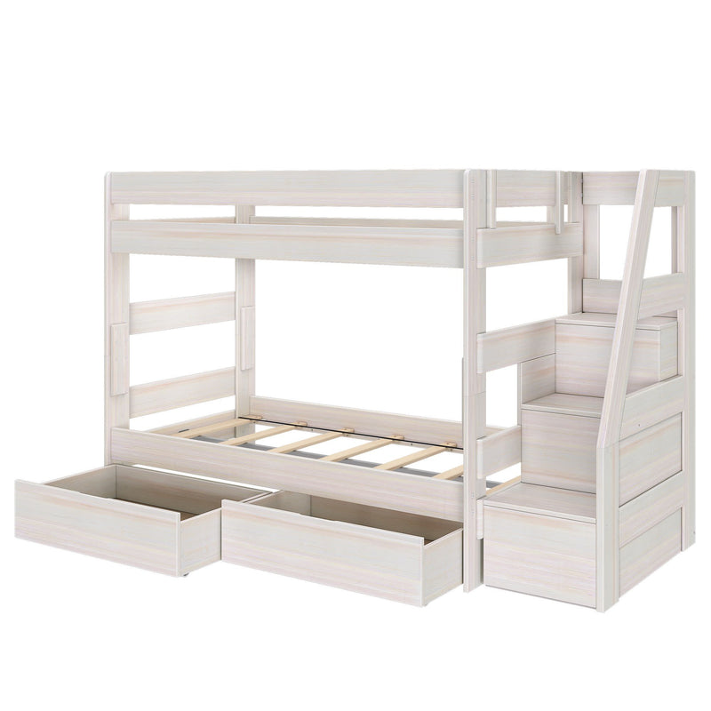 White wooden bunk bed with integrated staircase and two large under-bed storage drawers, modern space-saving kids' bedroom furniture