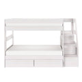 White wooden twin-over-full bunk bed with built-in staircase and under-bed storage drawers, space-saving kids bedroom furniture