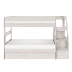 White wooden twin-over-full bunk bed with staircase, built-in under-bed storage drawers and guardrails — modern space-saving kids' bedroom furniture