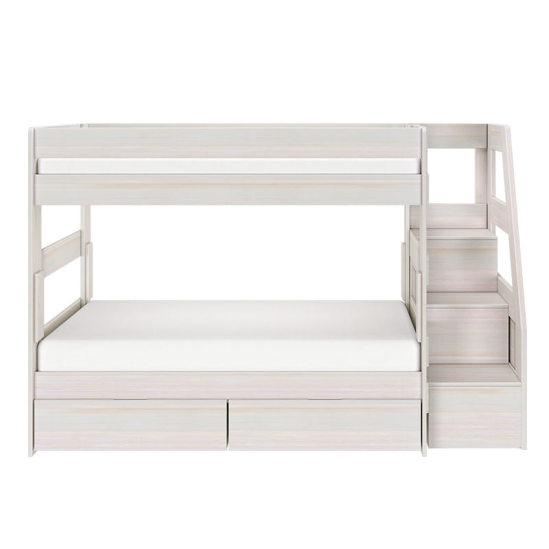 White wooden twin-over-full bunk bed with staircase, built-in under-bed storage drawers and guardrails — modern space-saving kids' bedroom furniture