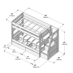 Isometric diagram of a twin-over-full wooden bunk bed with staircase and built-in storage drawers, slatted mattress supports and labeled dimensions (96" L x 40" D x 63" H / 245 x 100 x 160 cm)