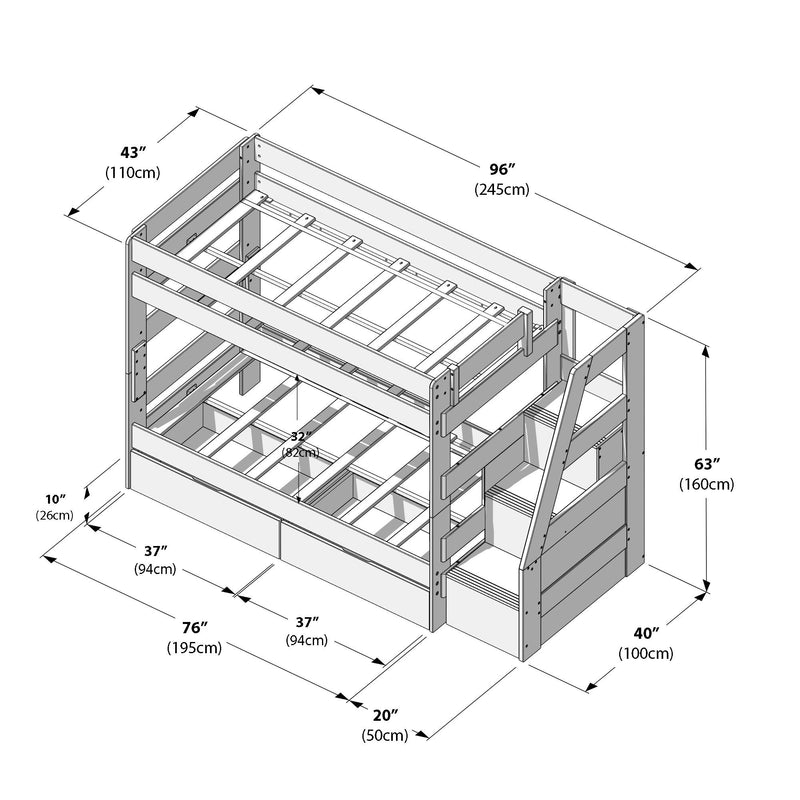 Isometric diagram of a twin-over-full wooden bunk bed with staircase and built-in storage drawers, slatted mattress supports and labeled dimensions (96" L x 40" D x 63" H / 245 x 100 x 160 cm)