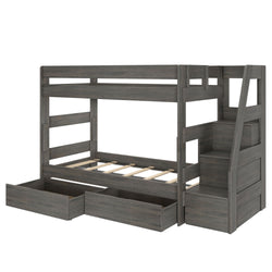 Gray wooden twin-over-full bunk bed with built-in staircase, under-bed storage drawers and slatted platform in rustic gray finish