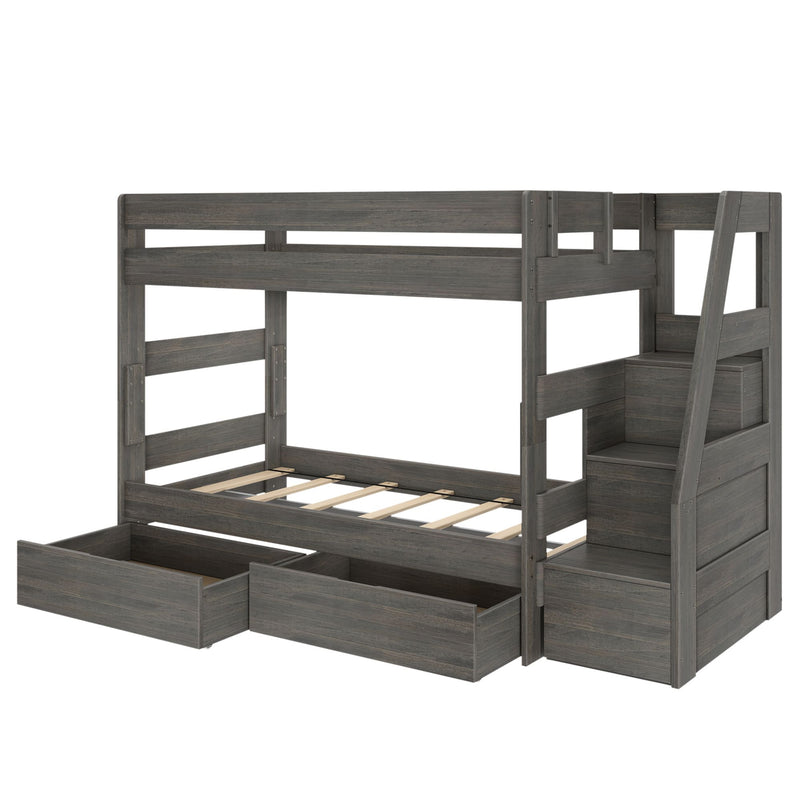 Gray wooden twin-over-full bunk bed with built-in staircase, under-bed storage drawers and slatted platform in rustic gray finish