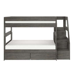 Gray wooden full-over-twin loft bunk bed with staircase and built-in under-bed storage drawers, modern kids' bed frame