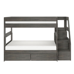Gray wood-finish full-over-twin bunk bed with side staircase and built-in storage drawers, space-saving modern kids bedroom loft bed