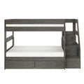 Gray wood twin-over-full loft bunk bed with integrated staircase, built-in under-bed storage drawers and white mattresses — modern space-saving kids and teen bedroom furniture