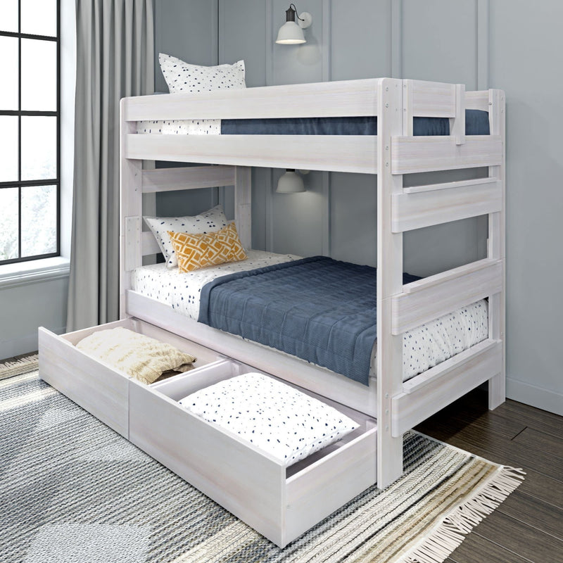 Wooden bunk bed with storage drawers and cozy bedding in a modern bedroom setting.
