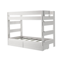 White wooden bunk bed frame with ladder for kids' bedroom.