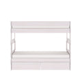 White wooden twin-over-twin bunk bed with under-bed storage drawers, modern space-saving design