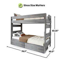 Wooden bunk bed with storage dimensions 78.5x43.5x63.25 inches.
