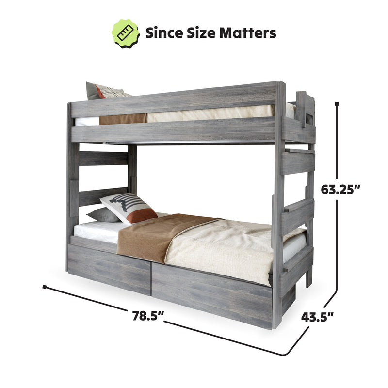 Wooden bunk bed with storage dimensions 78.5x43.5x63.25 inches.