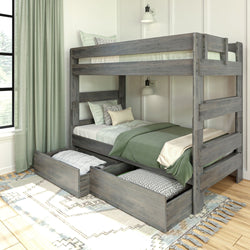 Gray wooden bunk bed with green bedding, built-in drawers, and white wall sconces in a cozy bedroom.