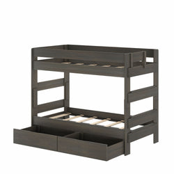 Kids' twin-over-twin wooden bunk bed with two pull-out storage drawers, slatted mattress supports, and dark gray finish