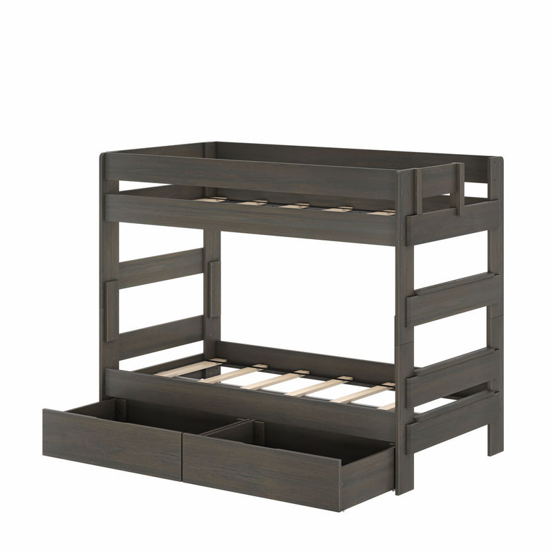 Kids' twin-over-twin wooden bunk bed with two pull-out storage drawers, slatted mattress supports, and dark gray finish