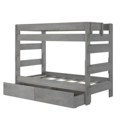 Gray wooden bunk bed with storage drawers and sturdy ladder, ideal for maximizing space in children's bedrooms.