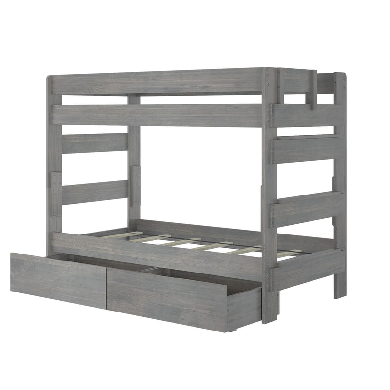 Gray wooden bunk bed with storage drawers and sturdy ladder, ideal for maximizing space in children's bedrooms.