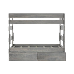 Rustic gray wooden bunk bed frame with storage drawers for kids' bedroom.