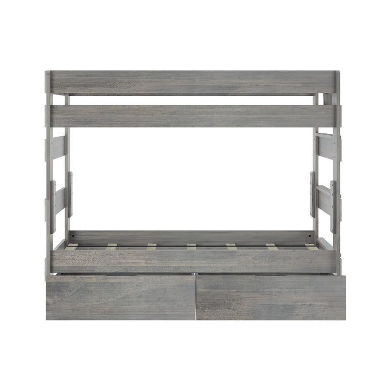 Rustic gray wooden bunk bed frame with storage drawers for kids' bedroom.