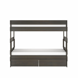 Modern dark walnut twin-over-twin bunk bed with built-in underbed storage drawers and white mattresses, space-saving kids bedroom furniture