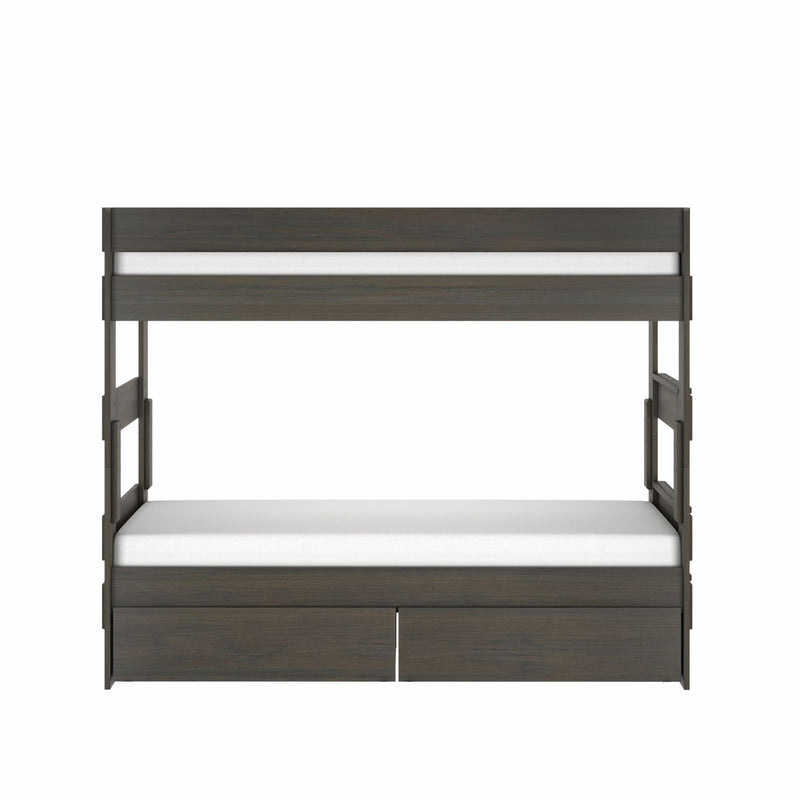 Modern dark walnut twin-over-twin bunk bed with built-in underbed storage drawers and white mattresses, space-saving kids bedroom furniture