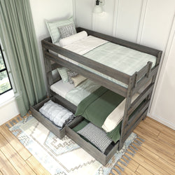 Wooden bunk bed with storage drawers in a cozy bedroom setting, featuring green and white bedding and natural light from a window.