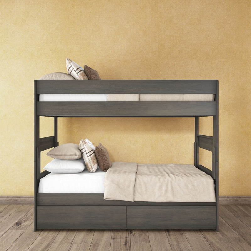 Modern gray wooden bunk bed with built-in under-bed storage drawers, beige bedding and pillows against a textured yellow wall