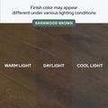 Barnwood Brown hardwood flooring color comparison showing finish appearance under warm light, daylight, and cool light with note "Finish color may appear different under various lighting conditions.