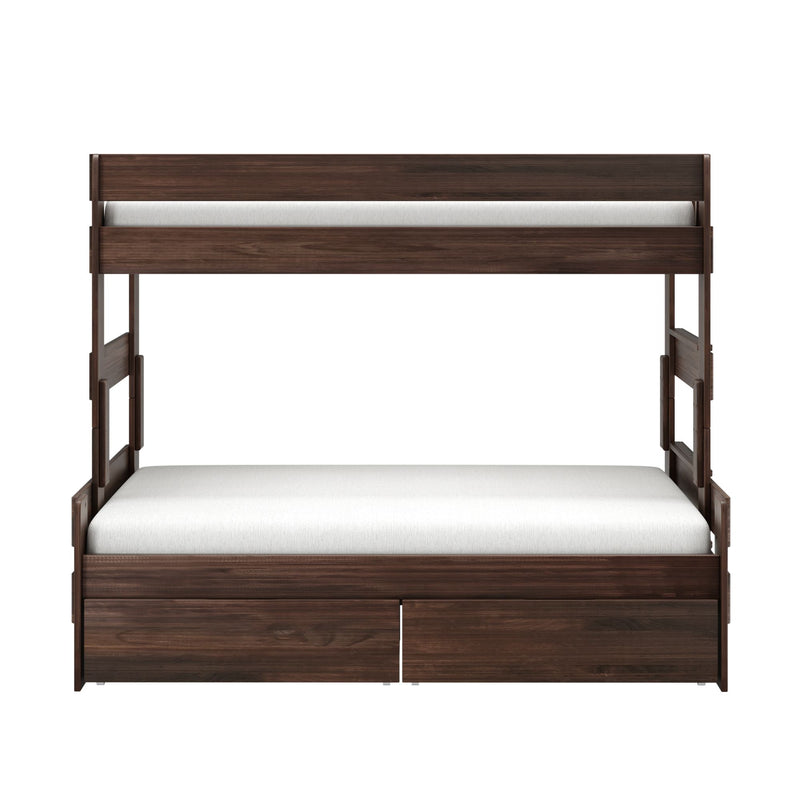 Dark walnut loft bed with white mattress, built-in under-bed storage drawers and ladder, modern space-saving platform bed for small bedrooms