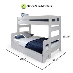 White wooden bunk bed with blue bedding, dimensions 78.5 inches long, 58.5 inches wide, and 63.25 inches high, highlighting size and design features.