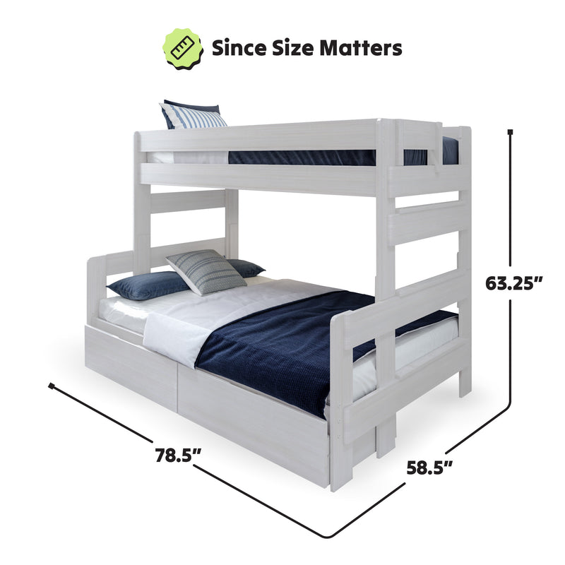 White wooden bunk bed with blue bedding, dimensions 78.5 inches long, 58.5 inches wide, and 63.25 inches high, highlighting size and design features.