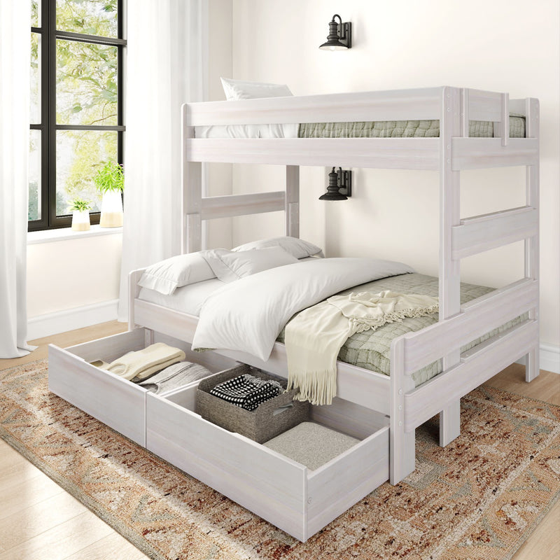 White wooden bunk bed with storage drawers in a bright bedroom featuring elegant rug and natural light from large window.