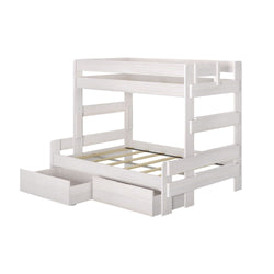 White wooden bunk bed with pull-out storage drawers, ideal for kids' room furniture solutions.
