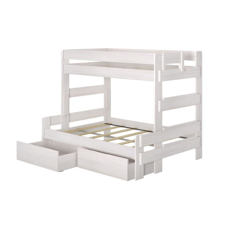 White wooden bunk bed with pull-out storage drawers, ideal for kids' room furniture solutions.