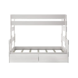 White wooden bunk bed with storage drawers and ladder, ideal for kids' room space-saving furniture solutions.