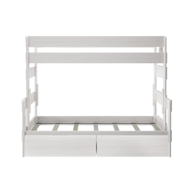 White wooden bunk bed with storage drawers and ladder, ideal for kids' room space-saving furniture solutions.