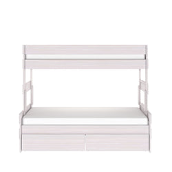 White wood twin-over-twin bunk bed with two under-bed storage drawers, built-in ladder and guardrails — space-saving modern kids' bedroom furniture