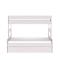 White wood twin-over-twin bunk bed with two under-bed storage drawers, built-in ladder and guardrails — space-saving modern kids' bedroom furniture