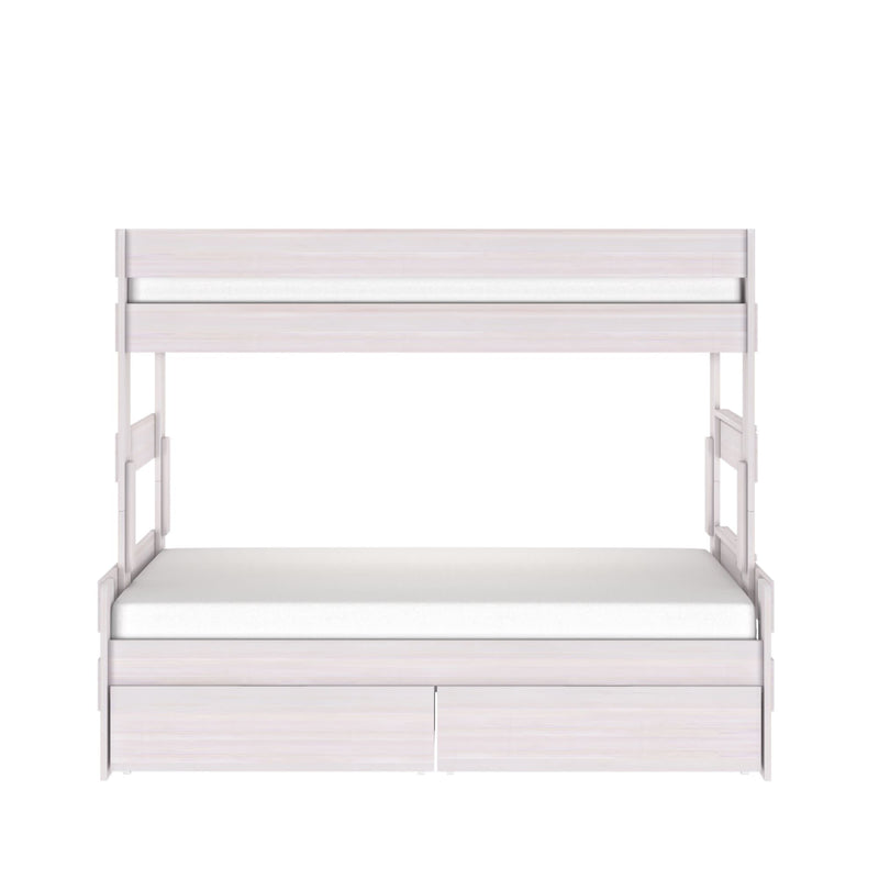 White wood twin-over-twin bunk bed with two under-bed storage drawers, built-in ladder and guardrails — space-saving modern kids' bedroom furniture