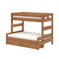 Solid wood twin-over-twin loft bed with protective guardrails, ladder-style slatted sides and built-in under-bed storage drawers in warm natural finish with white mattresses