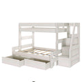 White wooden twin-over-full bunk bed with built-in staircase and under-bed storage drawers, space-saving kids' bedroom furniture