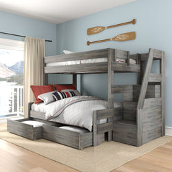 Rustic gray twin-over-full bunk bed with staircase and built-in storage drawers, nautical decor and lake-view window