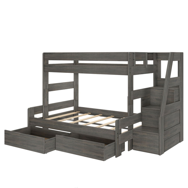 Modern gray wooden bunk bed with staircase, built-in under-bed storage drawers and guardrails — space-saving kids' loft bed