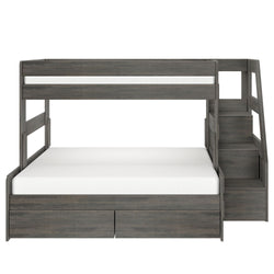 Gray wooden bunk bed with built-in staircase, under-bed storage drawers and white mattresses, space-saving loft bed for kids