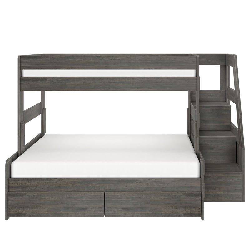 Gray wooden bunk bed with built-in staircase, under-bed storage drawers and white mattresses, space-saving loft bed for kids