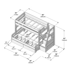 Isometric blueprint of a twin-over-full wooden bunk bed with built-in storage stairs, under-bed drawers and trundle, labeled with detailed dimensions in inches and centimeters for space-saving kids' bedroom furniture