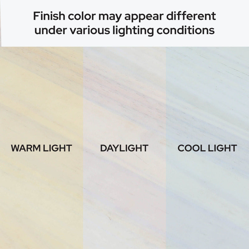 Finish color variations on wood surface under warm light, daylight, and cool light — three-panel comparison showing how lighting affects finish appearance