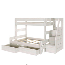White wooden space-saving bunk bed with built-in staircase storage and two under-bed pull-out drawers for kids' bedroom