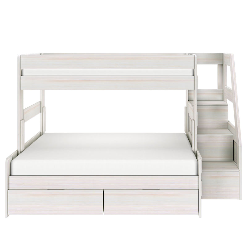 White wooden bunk bed with full-size lower bed and twin upper bunk, built-in staircase with storage drawers — modern space-saving kids' loft bed